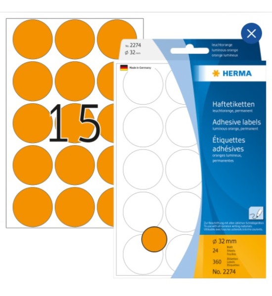 Labels, Redondo, 32 mm, Naranja, Pack x 360 Unds.