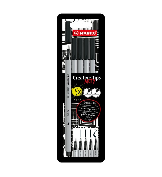 Creative tips, Tiralineas, Estuche x 5 Uds. en negro: 0,2, 0,4, 0,7, 1,0, brush