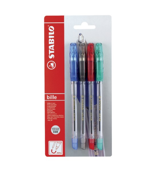 Bolígrafo, Bille 508, Punta Media 0.45 mm, Pack x 4 Unds. Azul, Negro, Rojo, Verde
