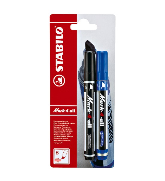 Marc. Permanente, Mark-4-all, Punta Biselada, 1.0-4.0 mm, Blister x 2 Unds. Azul y Negro