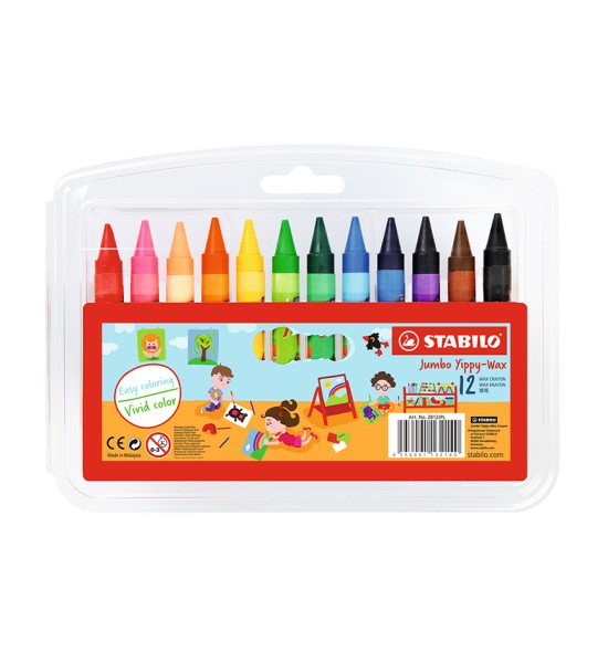 Crayones de Cera, Yippy Wax Jumbo, Cuerpo Circular, 10 mm, en Estuche Plástico x 12 Unds. 12 Colores Surtidos.