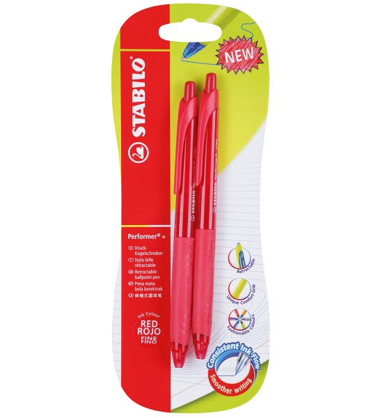 Bolígrafo Retractil, Performer+ Grip, Punta Fina 0.38 mm, Rojo, Pack x 2 Unds.