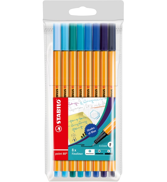 Micropunta/Felpa, Point 88, Punta Fina  0.4 mm, Estuche x 8 Unds. 8 Colores Azules Surtidos