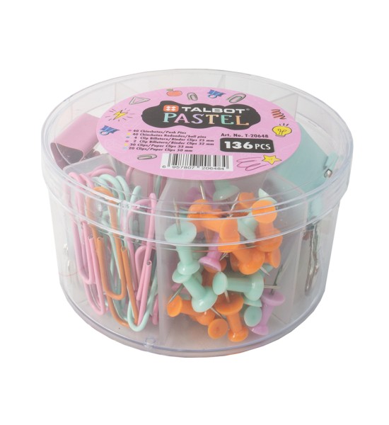 Set, Talbot Colors Pastel, Chinchetas, Ligas y Clips, Caja Plastica Circular, 1 Und