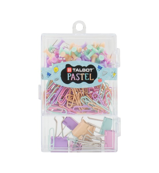 Set, Talbot Colors Pastel, Chinchetas y Clips, Caja Plastica Rectangular, 1 Und