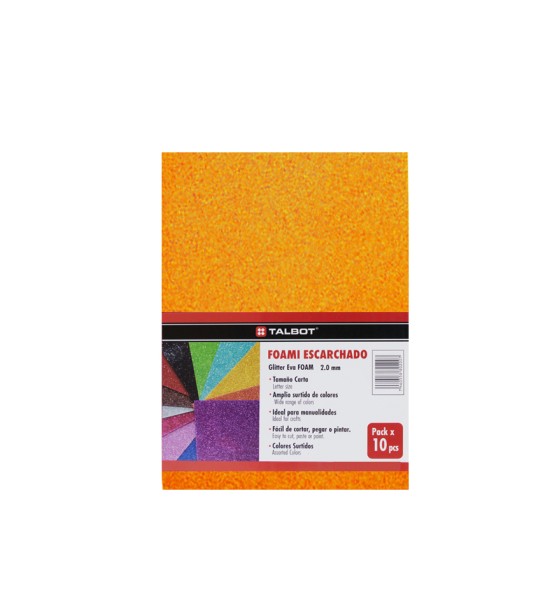 Goma Eva Glitter, Tam. Oficio, 2 mm, Pack x 10 h. Naranja