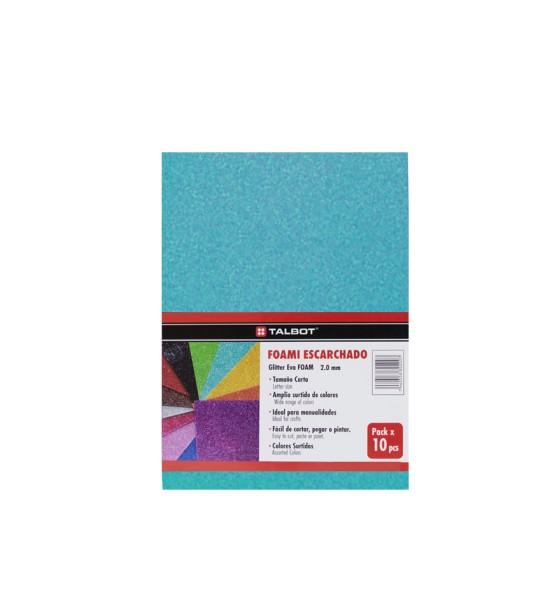 Goma Eva Glitter, Tam. Oficio, 2 mm, Pack x 10 h. Azul Turquesa