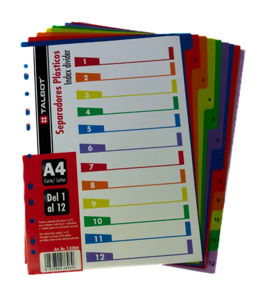 Separ. plásticos, Multicolor, Tam. A4, Números 1 al 12