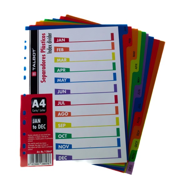 Separ. plásticos, Multicolor, Tam. A4, Meses Ene a Dic